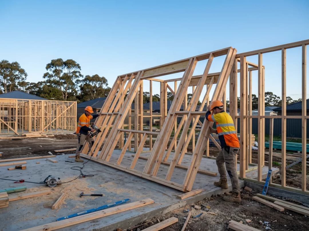 Two workers in hi-vis raising timber wall framing on a suburban Australian construction site in morning light