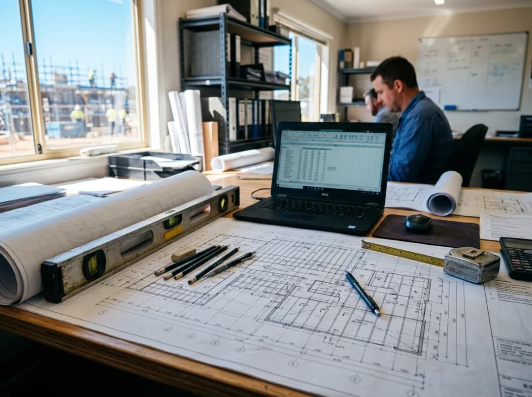 A site-office worktable with unrolled floor plans, a laptop, a level, and pencils in warm window light